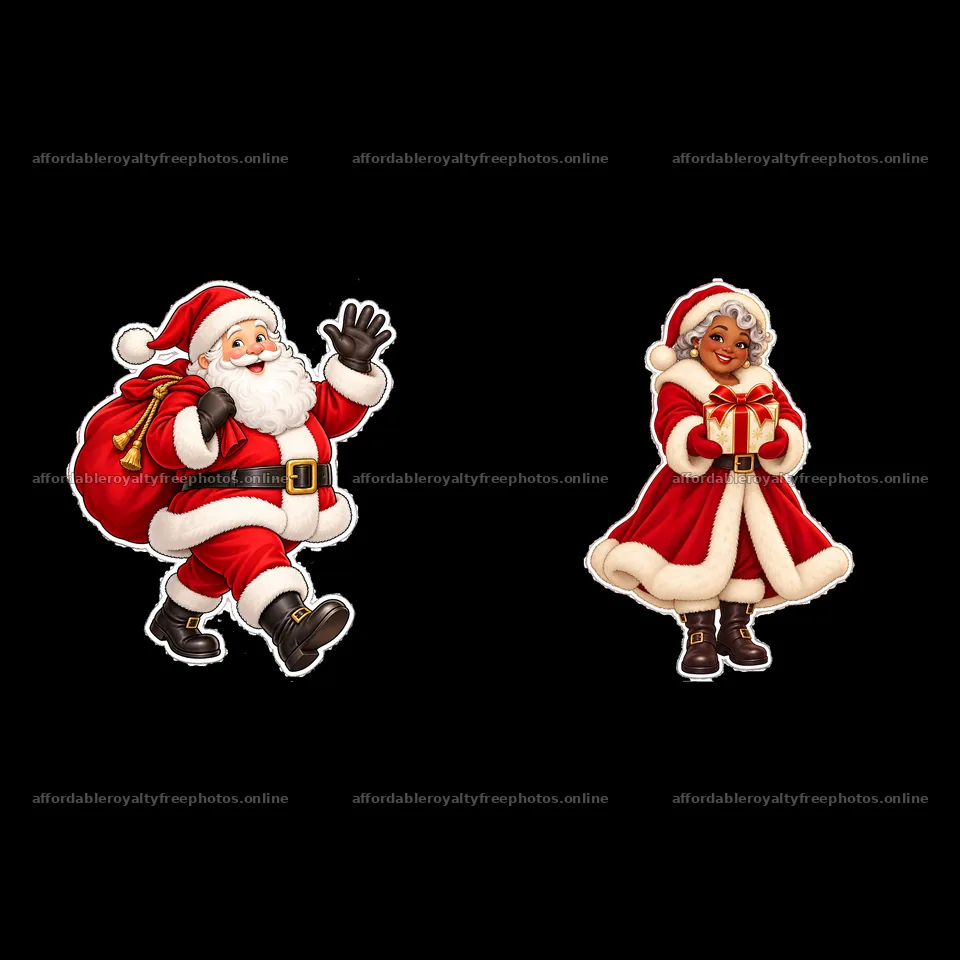 Santa Claus and joyful woman in festive attire with gifts – royalty-free photos 7746x7746