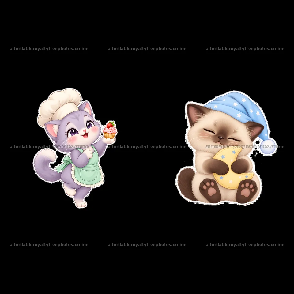 Kawaii cats with dessert and bedtime activities in – royalty-free photos 7746x7746