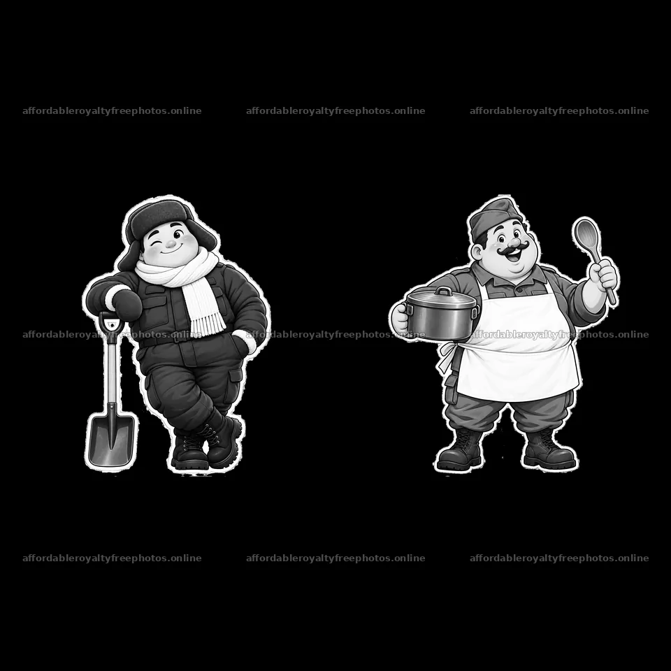 Cute ultra-chubby soldier holding a pot and another with – royalty-free photos 7746x7746