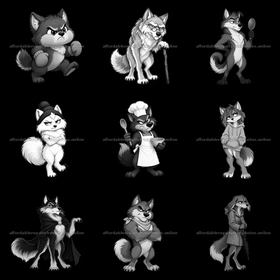 Grumpy wolf characters in various poses and actions in – royalty-free photos 7746x7746
