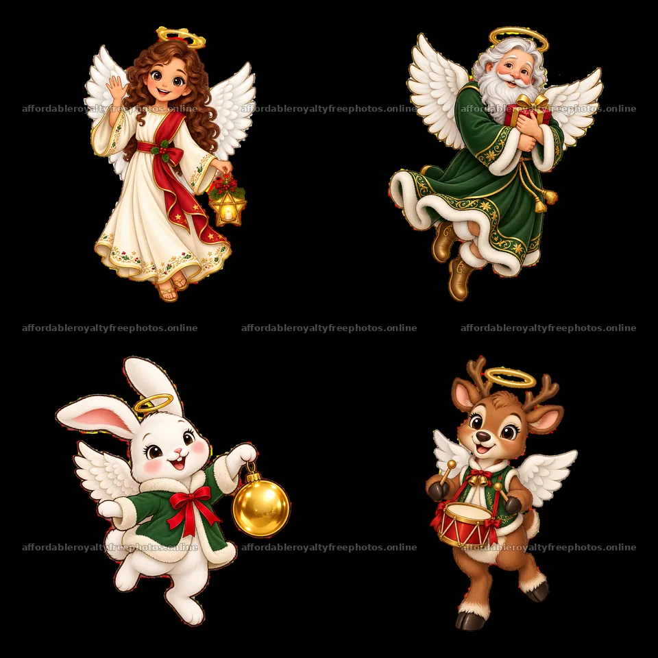 Cartoon Christmas angels with bunny and reindeer in a – royalty-free photos 7746x7746