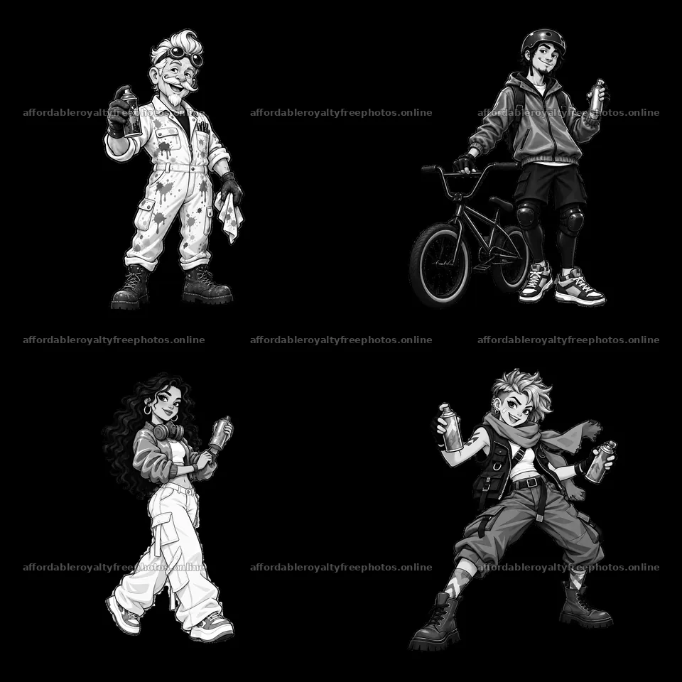 Cartoon characters painting graffiti in urban setting – royalty-free photos 7746x7746