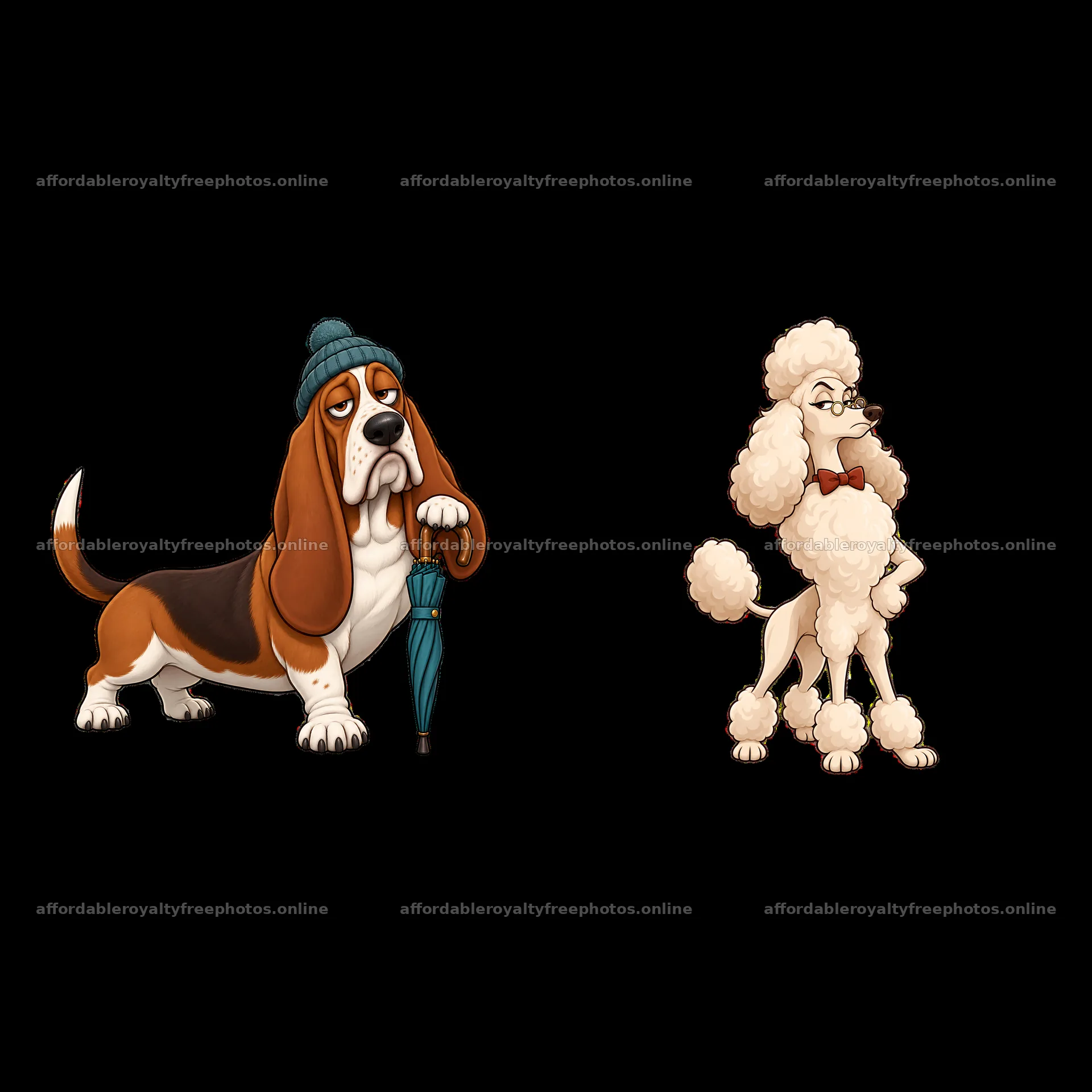 Grumpy dog with umbrella and stylish poodle with bow – royalty-free photos 7746x7746