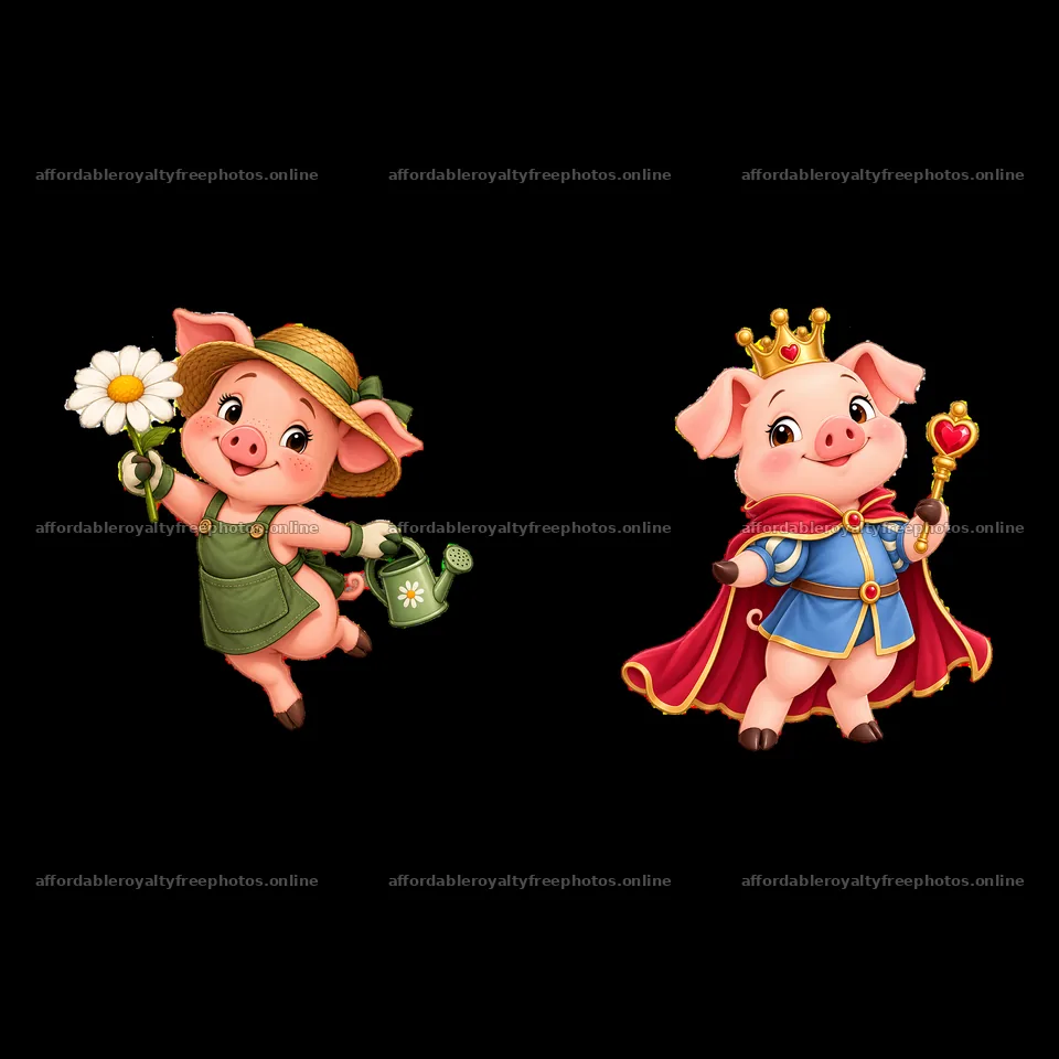 Two cartoon pigs, one planting flowers and the other as – royalty-free photos 7746x7746