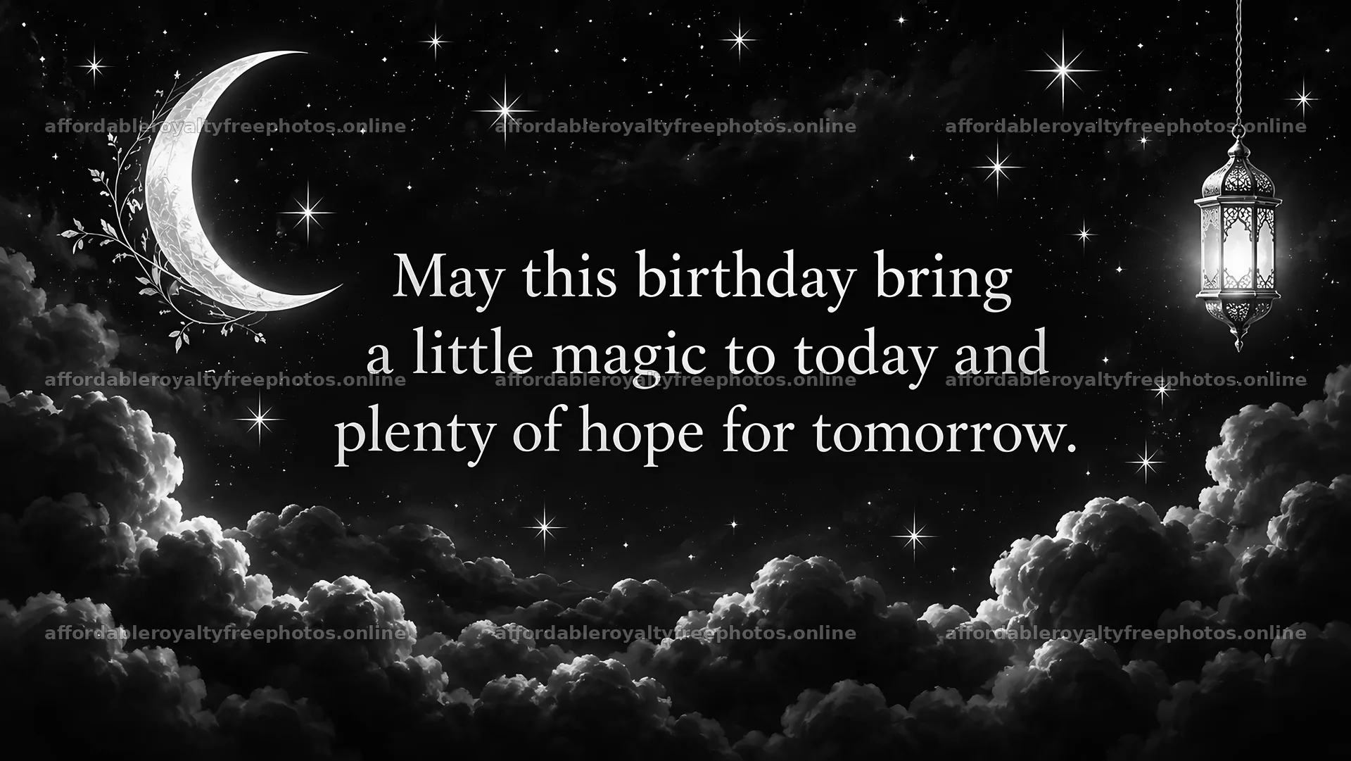 Monochrome Birthday Greeting Under a Starry Sky – royalty-free photos 10324x5812