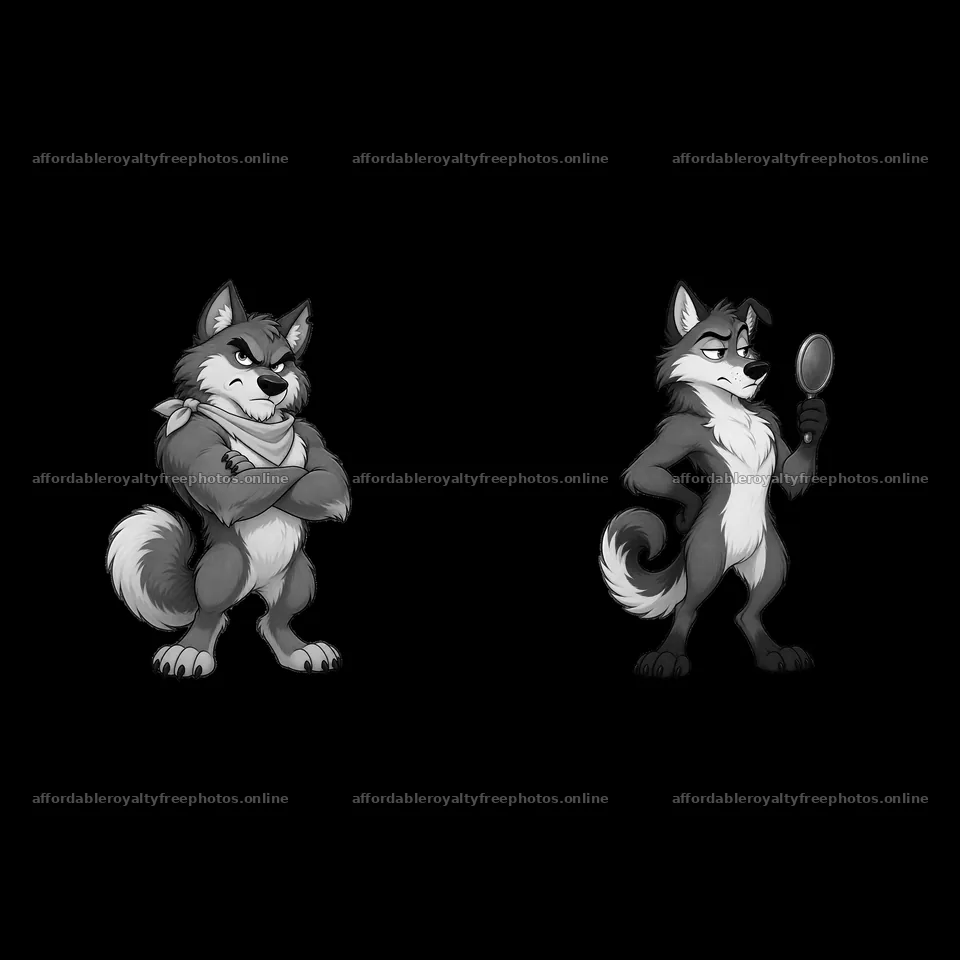 Grumpy wolf characters with different poses and – royalty-free photos 7746x7746