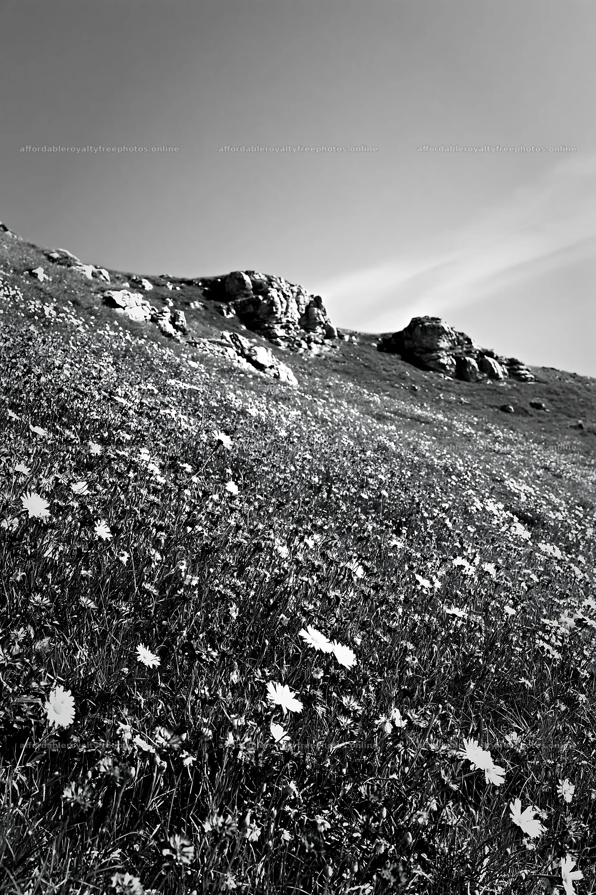 Cornflower meadow with rocks under clear sky – royalty-free photos 6480x9722
