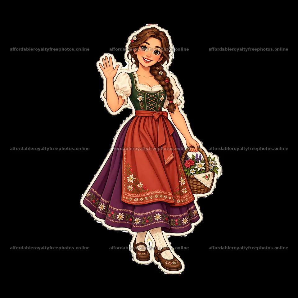 Woman in traditional folk dress waving with a basket of – royalty-free photos 7746x7746