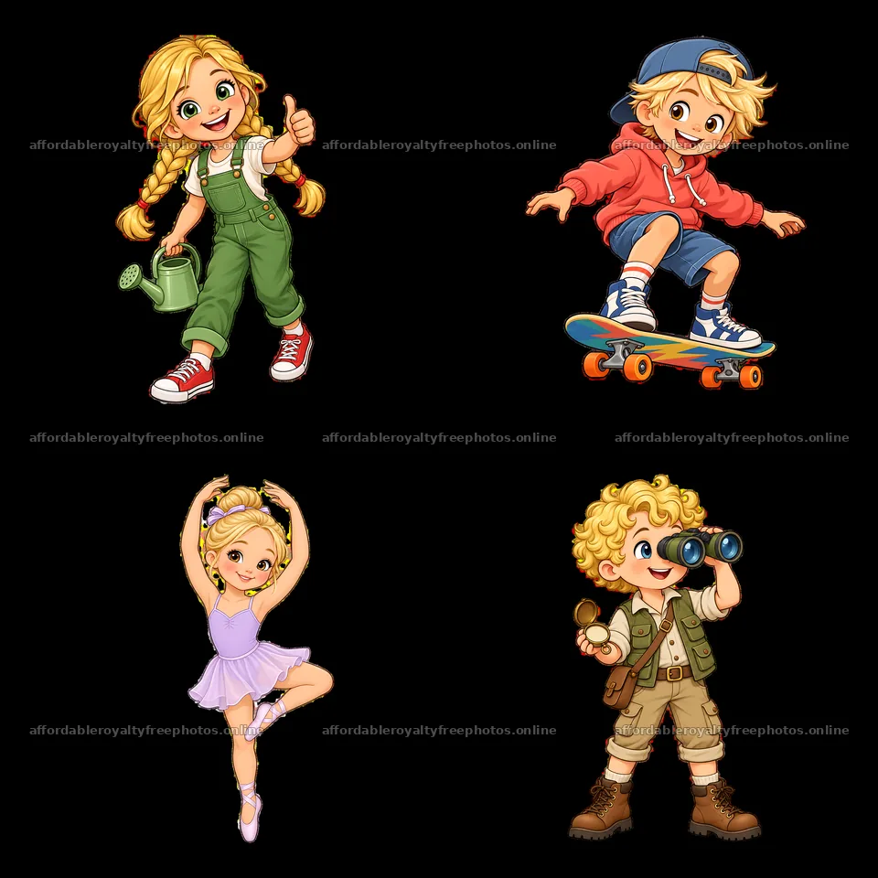 Blond child characters in various playful activities in – royalty-free photos 7746x7746