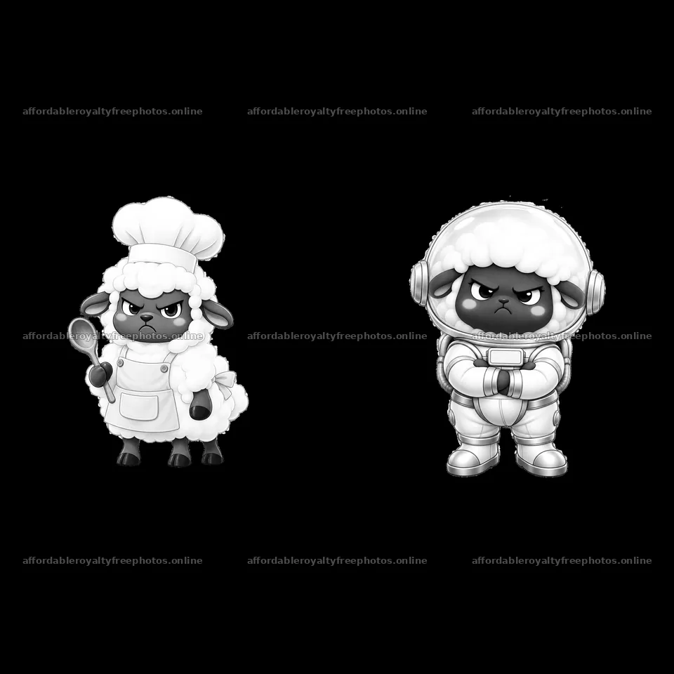 Grumpy sheep chef and astronaut cartoon sticker pair – royalty-free photos 7746x7746