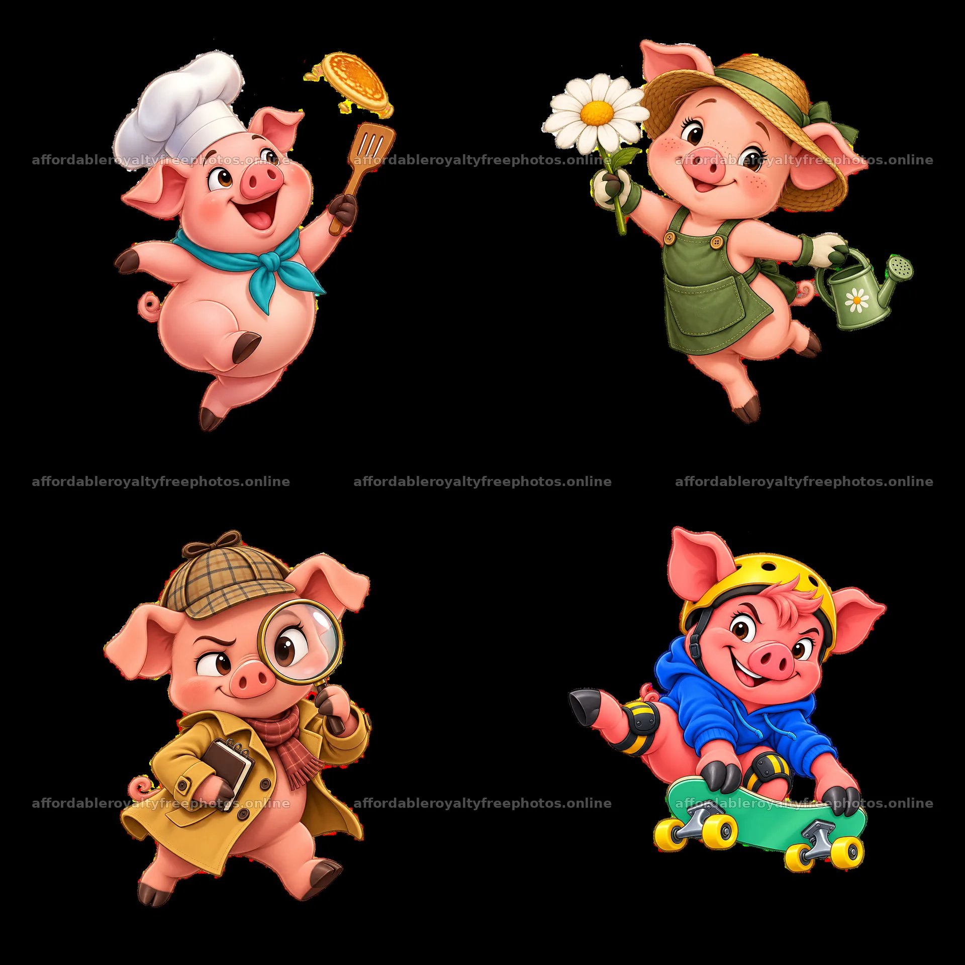 Cheerful pig characters in four playful activities – royalty-free photos 7746x7746