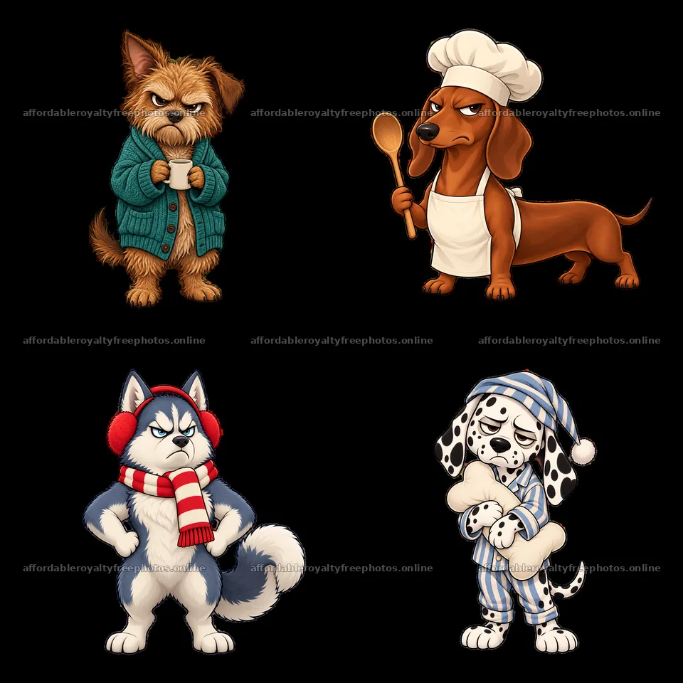 Grumpy dogs in various roles and expressions in a 2x2 – royalty-free photos 7746x7746