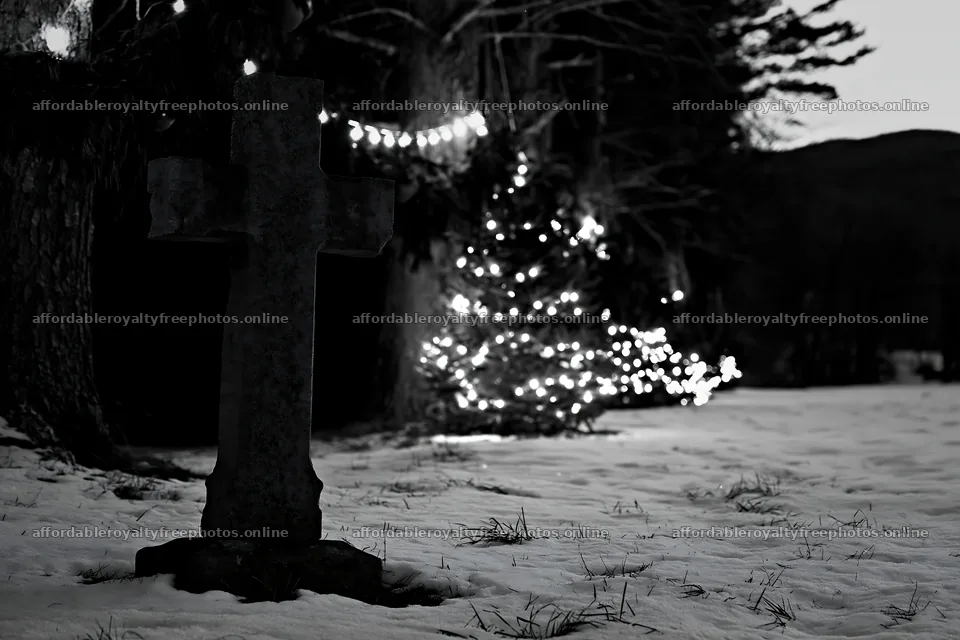 Weathered Christian cross in snowy meadow with lights – royalty-free photos 9722x6480