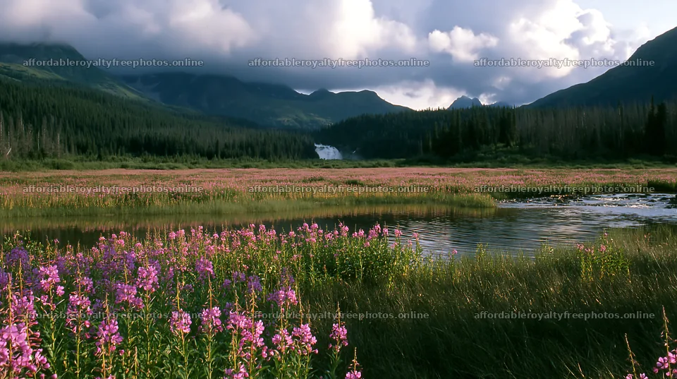 Flower meadow with waterfall reflection in the background – royalty-free photos 10608x5938