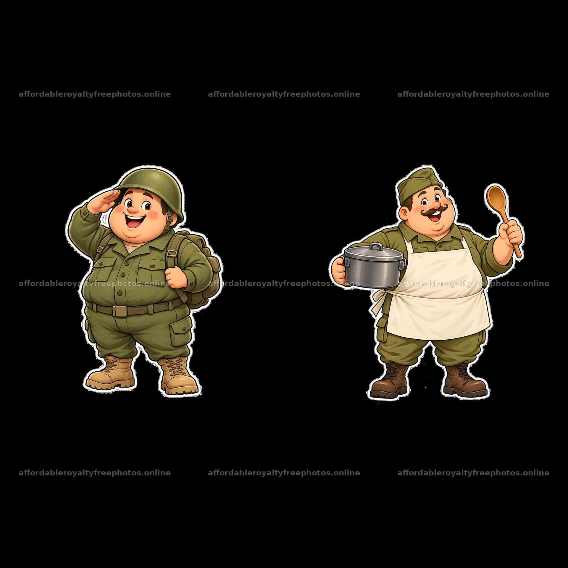 Chubby soldier character saluting and cooking in a – royalty-free photos 7746x7746