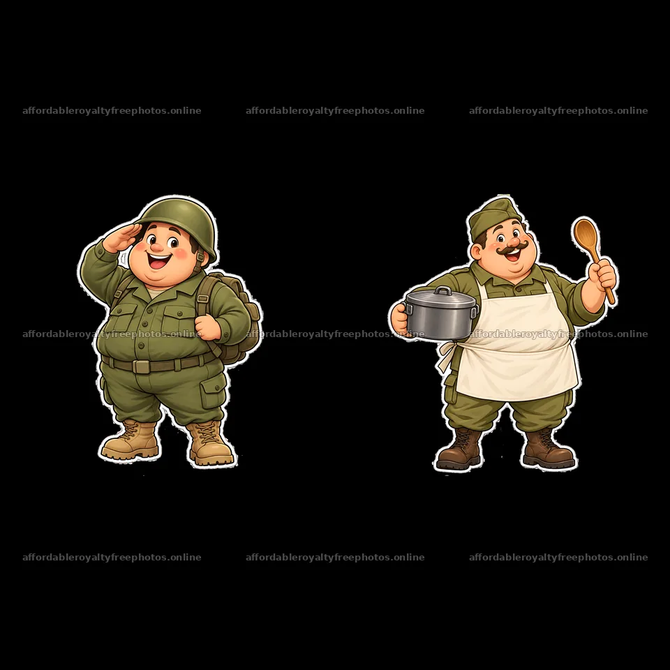 Chubby soldier character saluting and cooking in a – royalty-free photos 7746x7746