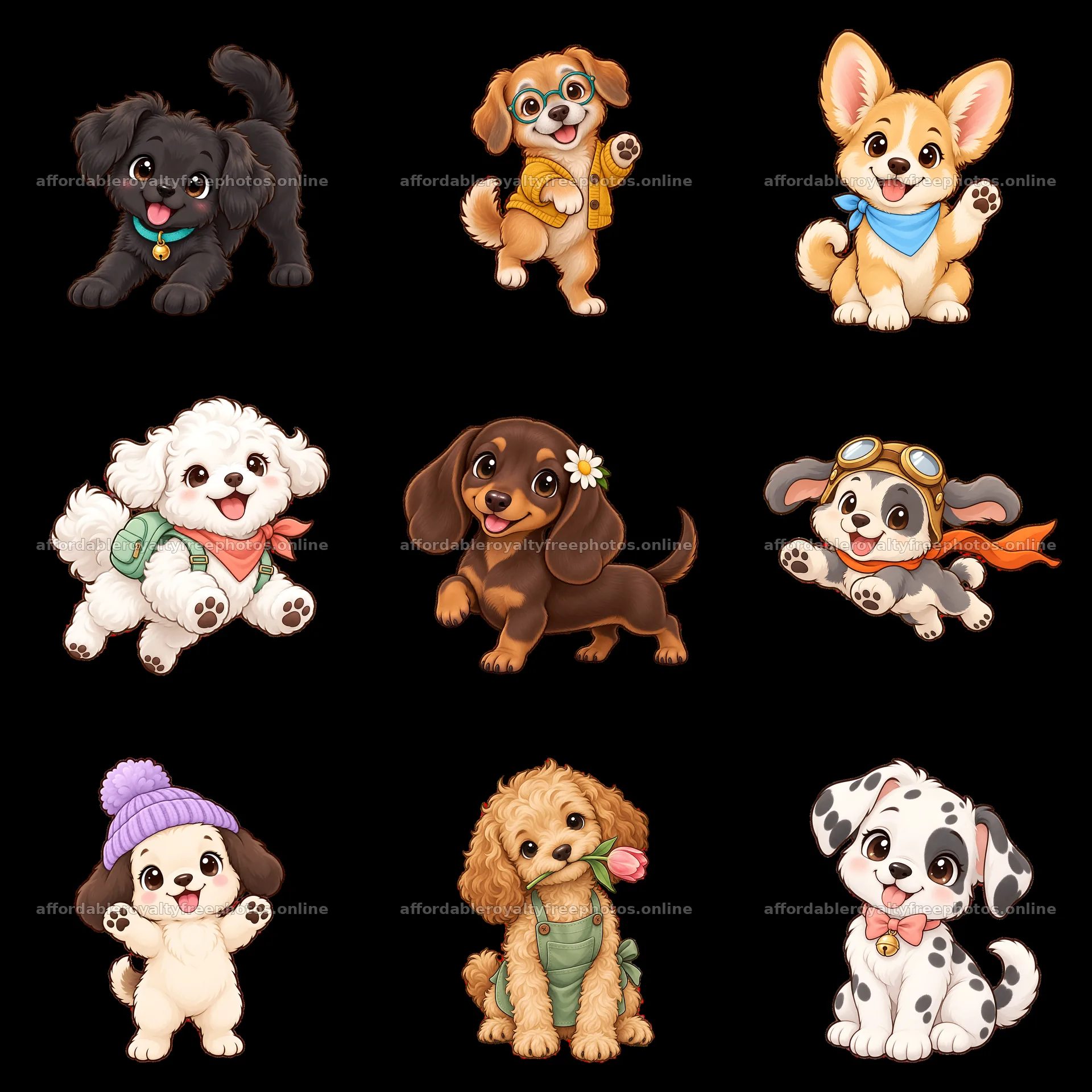 Cute dog cartoon stickers in a 3x3 grid layout – royalty-free photos 7746x7746