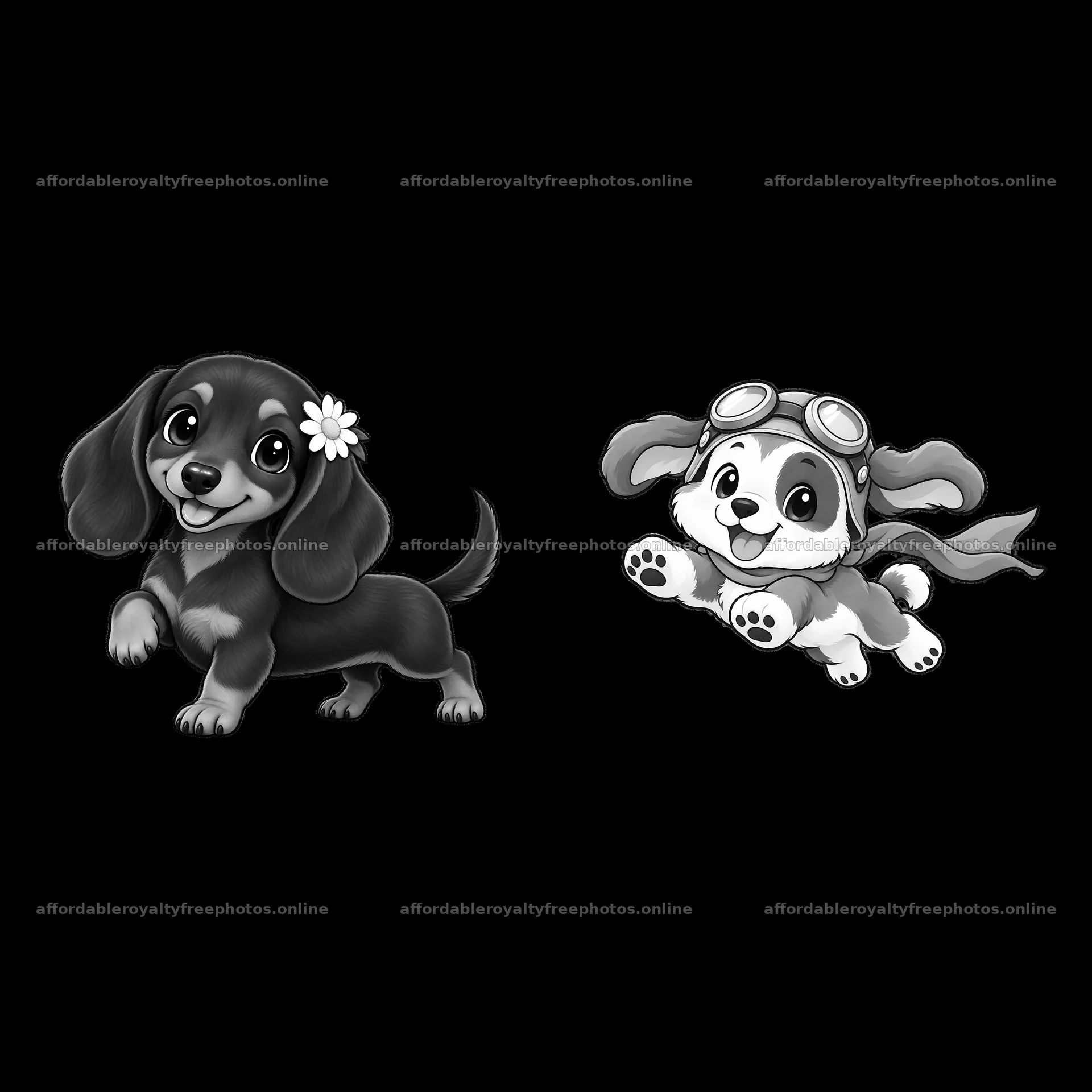 Two cute cartoon dogs with playful expressions in black – royalty-free photos 7746x7746