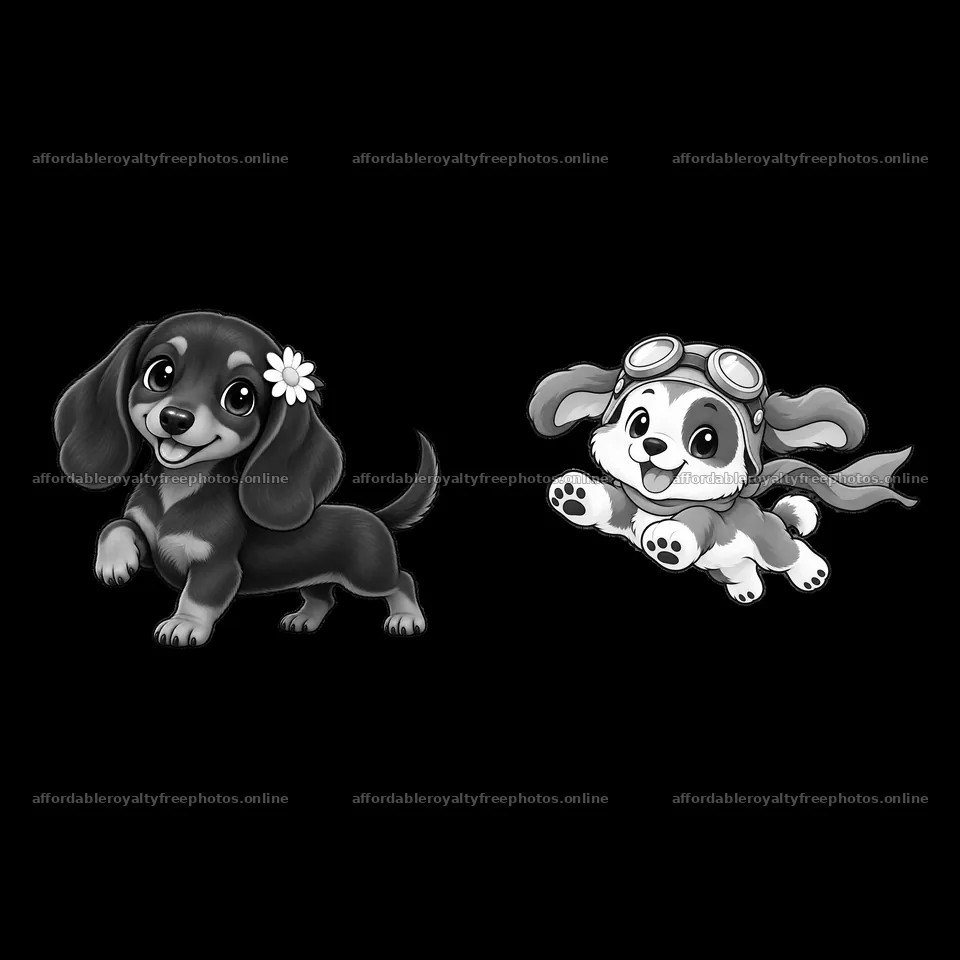 Two cute cartoon dogs with playful expressions in black – royalty-free photos 7746x7746