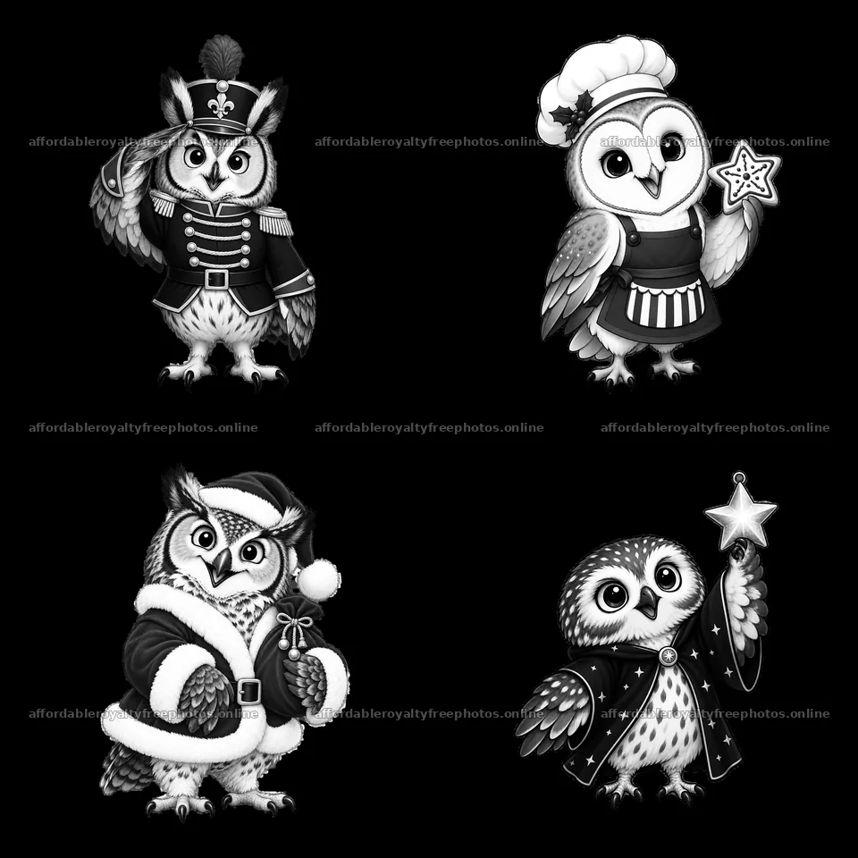 Christmas owls in festive attire and festive activities – royalty-free photos 7746x7746