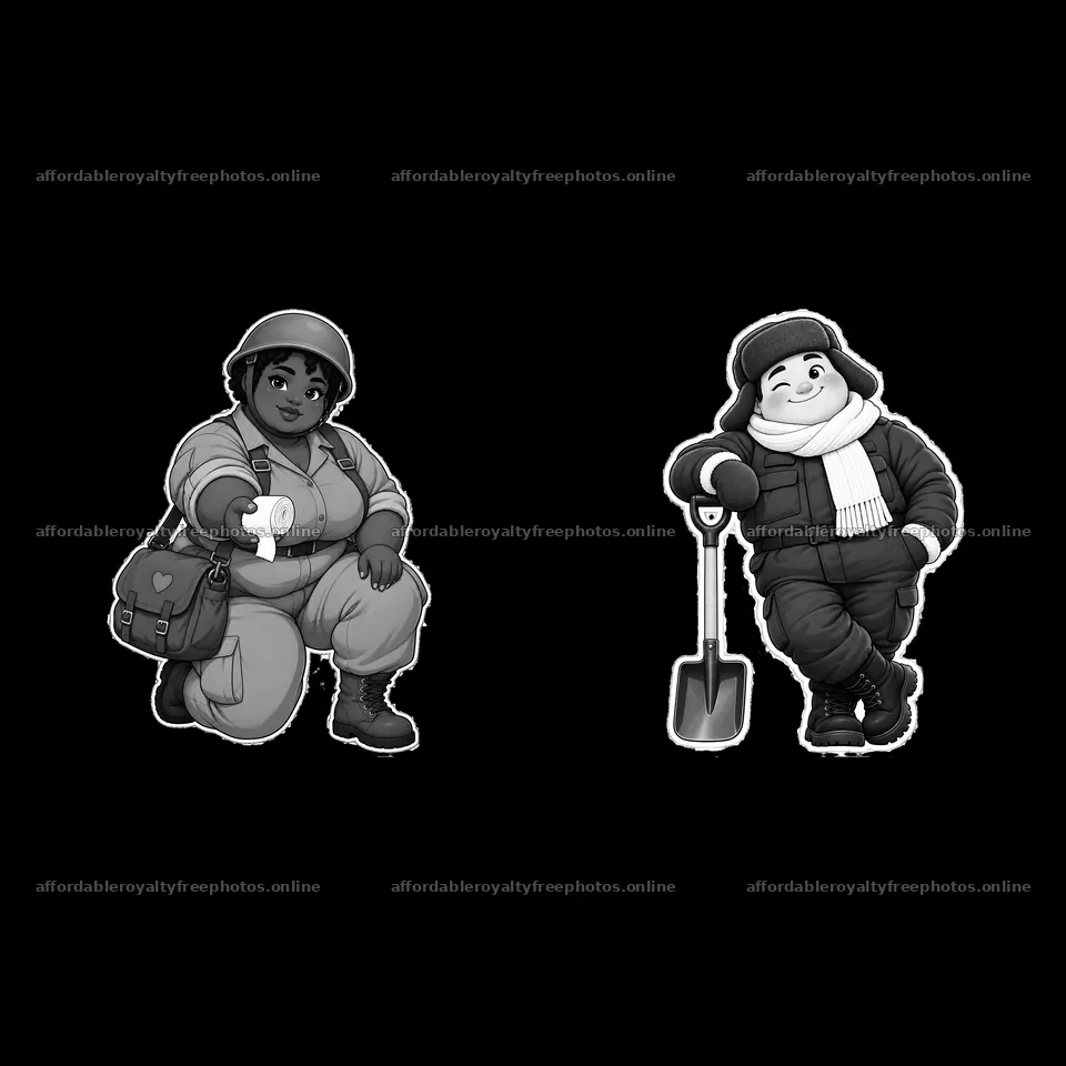 Chubby soldier stickers in monochrome with accessories – royalty-free photos 7746x7746