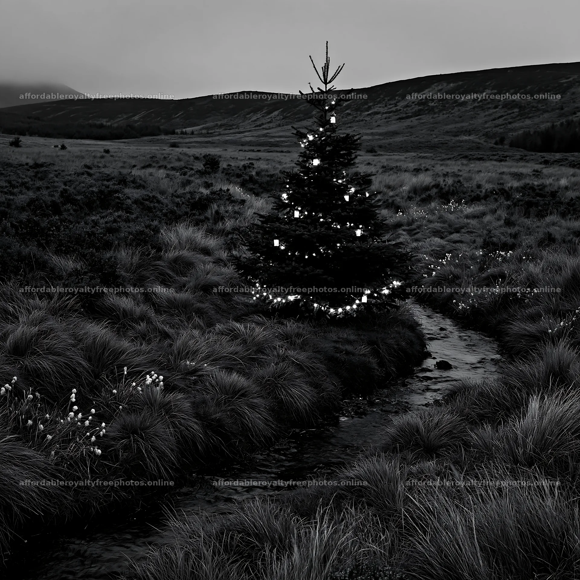 Christmas tree beside stream in meadow at dusk – royalty-free photos 7938x7938