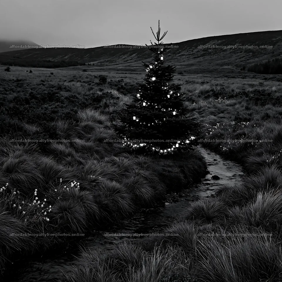 Christmas tree beside stream in meadow at dusk – royalty-free photos 7938x7938