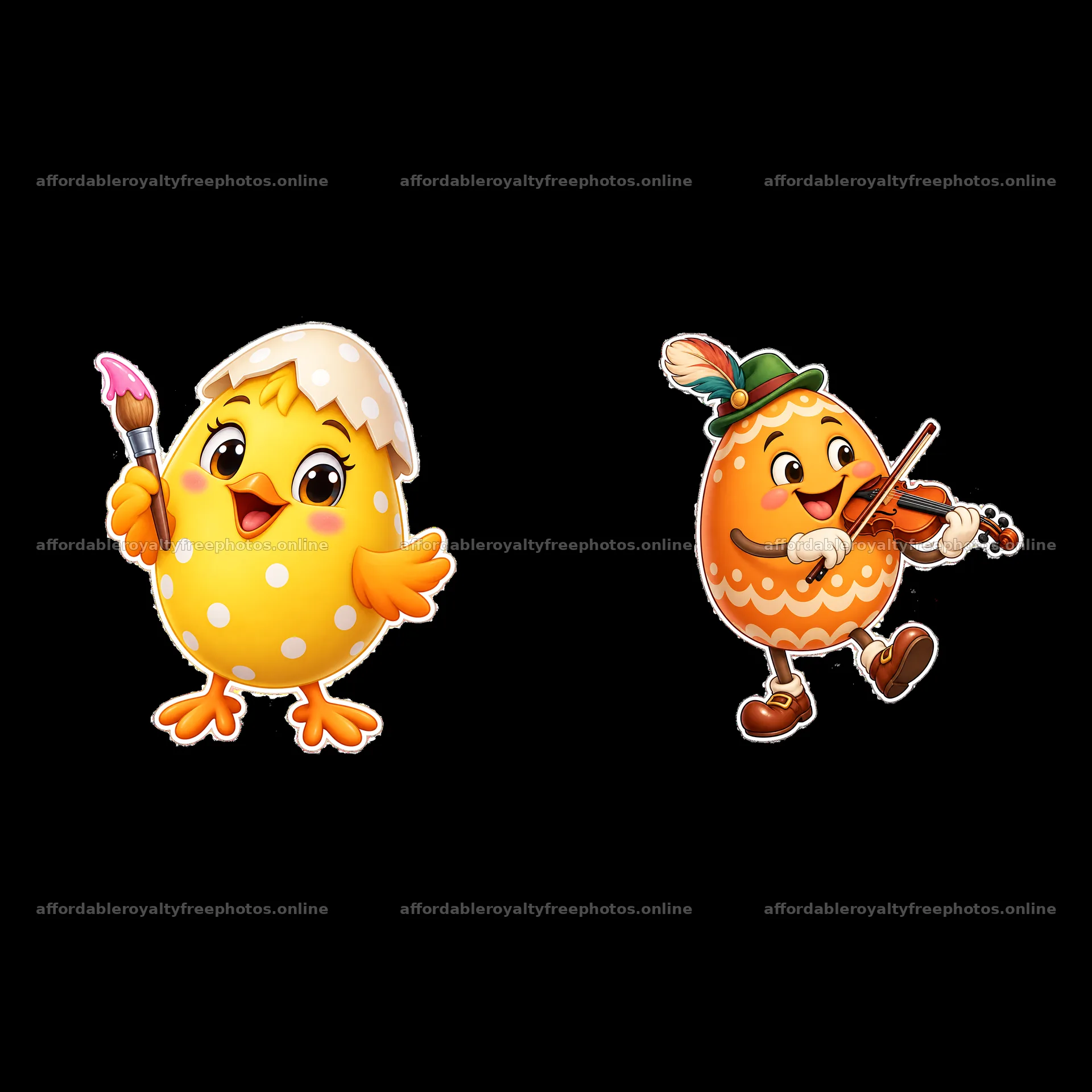 Cute chick with paintbrush and egg playing violin – royalty-free photos 7746x7746