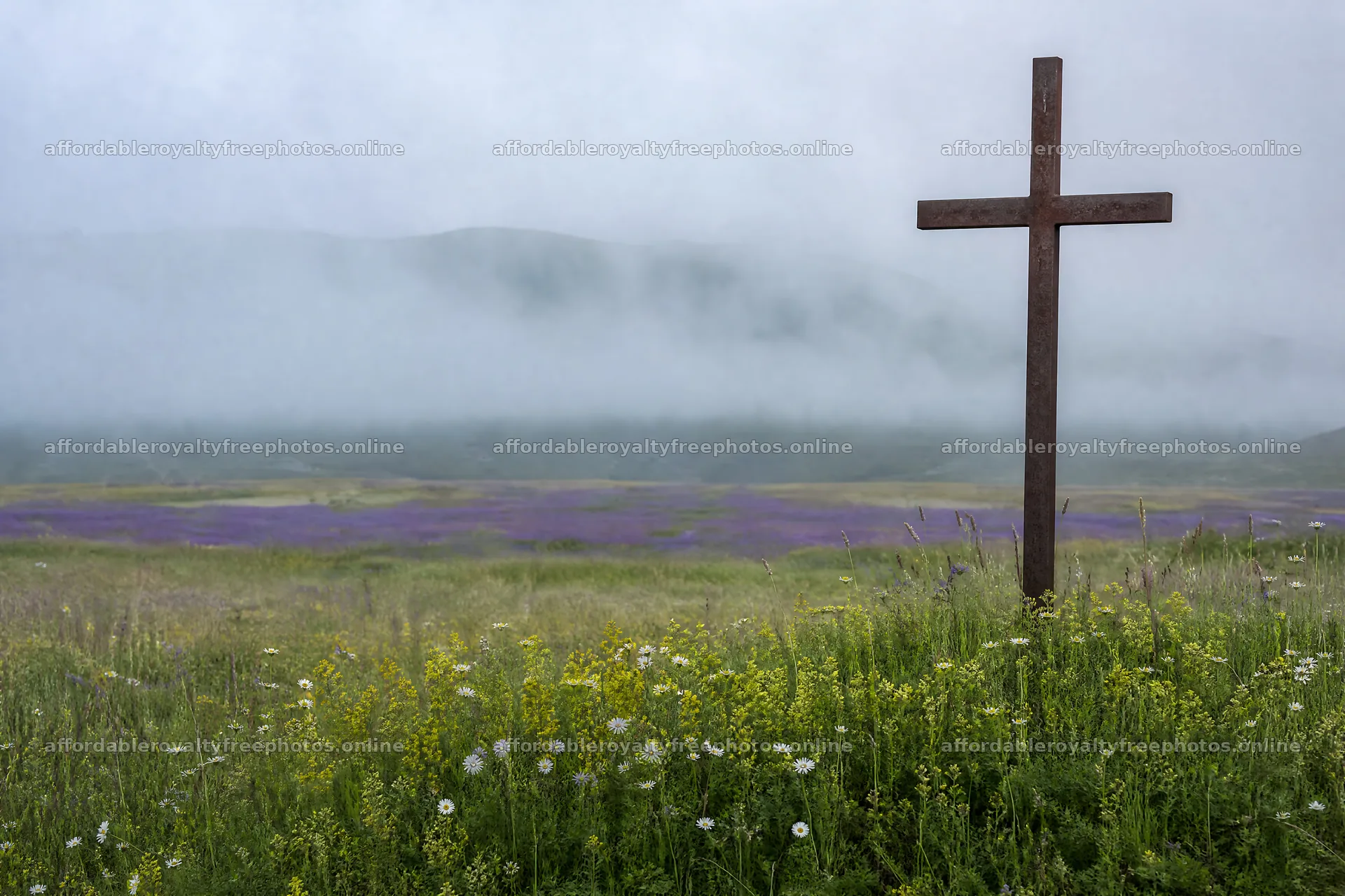 Weathered Christian cross in misty meadow with flowers – royalty-free photos 9722x6480