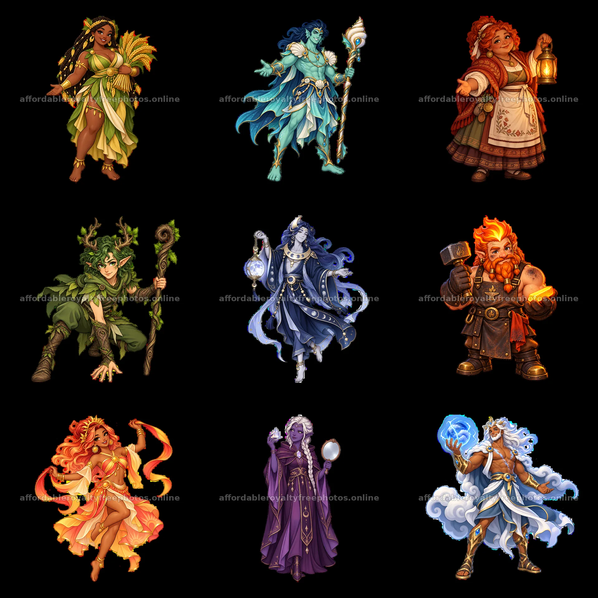 Pagan gods depicted in vibrant cartoon characters in a – royalty-free photos 7746x7746