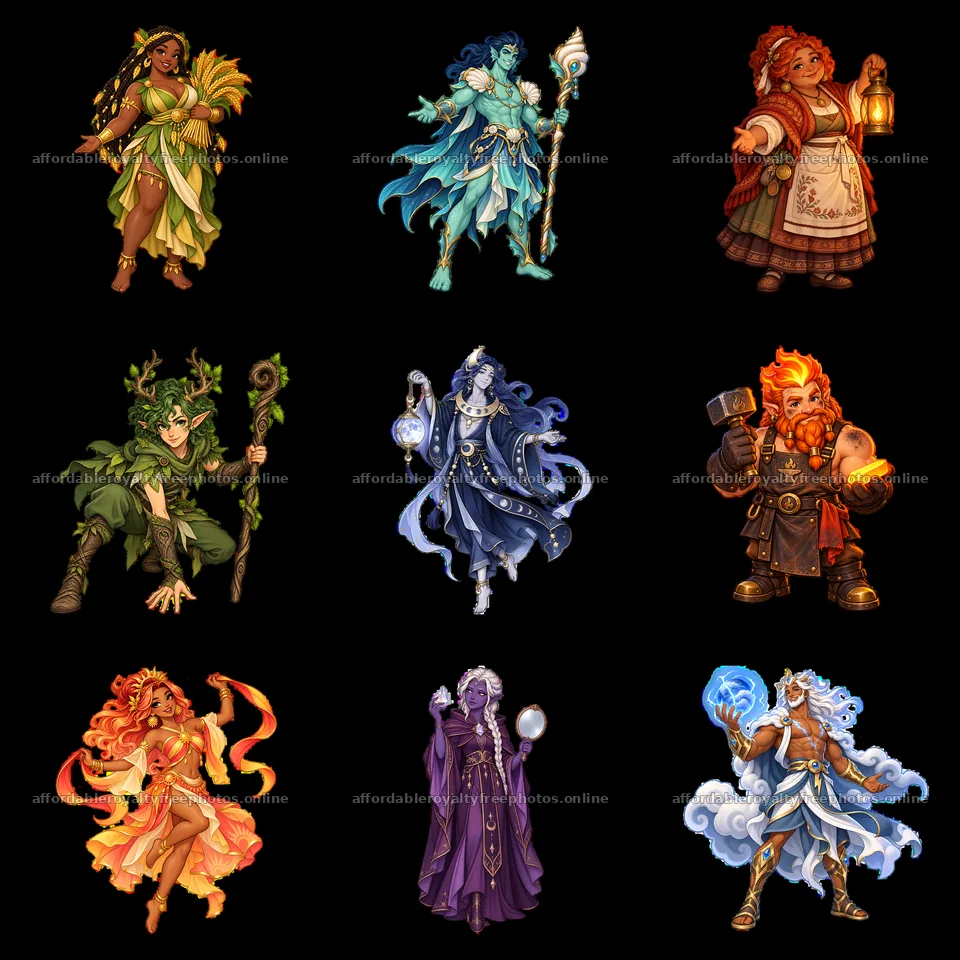 Pagan gods depicted in vibrant cartoon characters in a – royalty-free photos 7746x7746