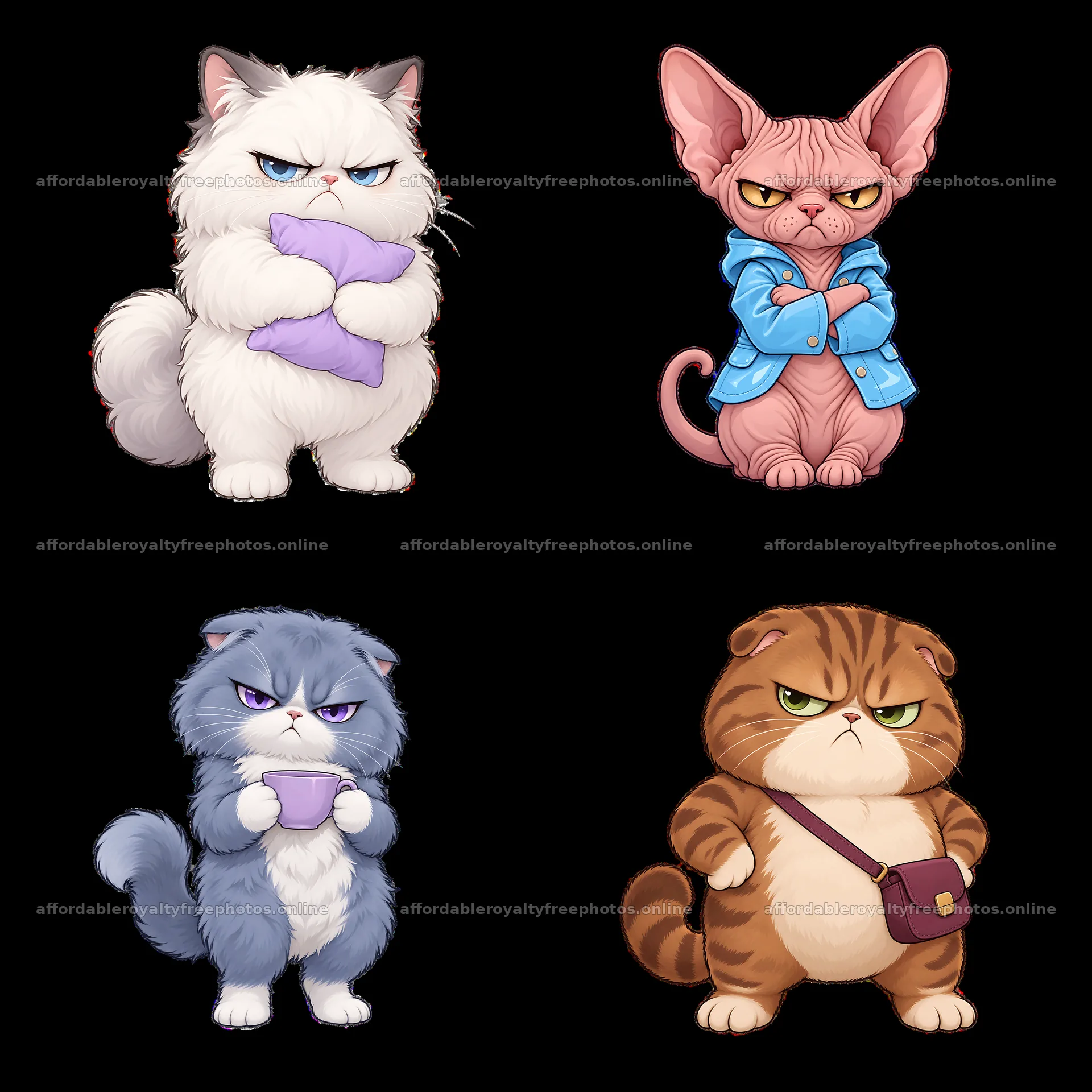 Kawaii grumpy cats in colorful outfits with distinct – royalty-free photos 7746x7746
