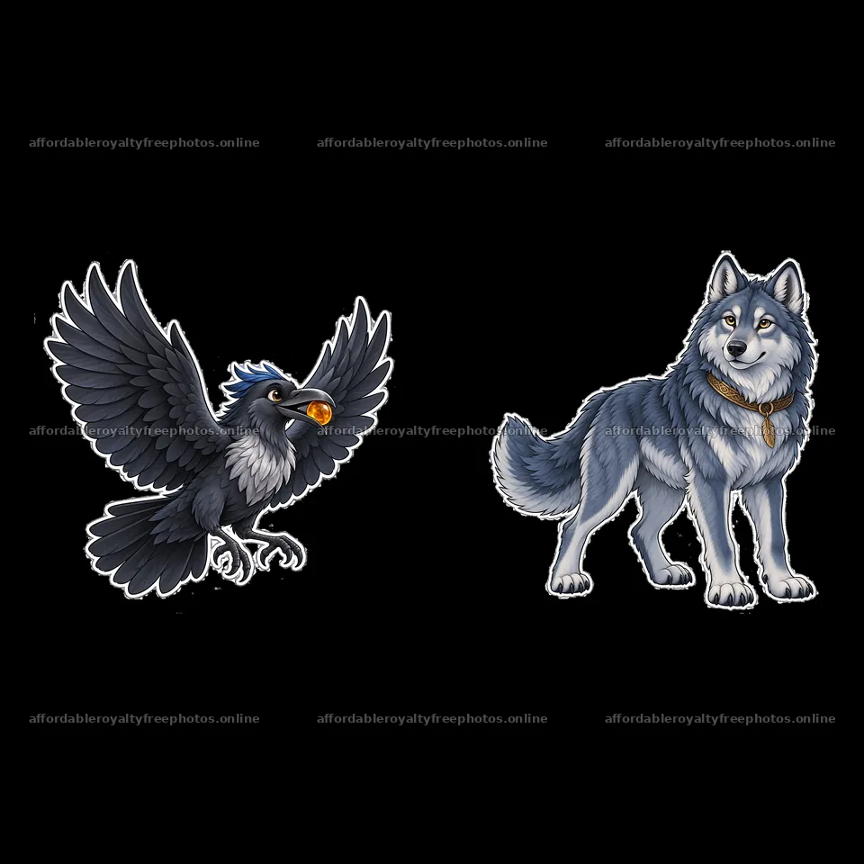 Odin's raven and wolf sticker design for Norse mythology – royalty-free photos 7746x7746