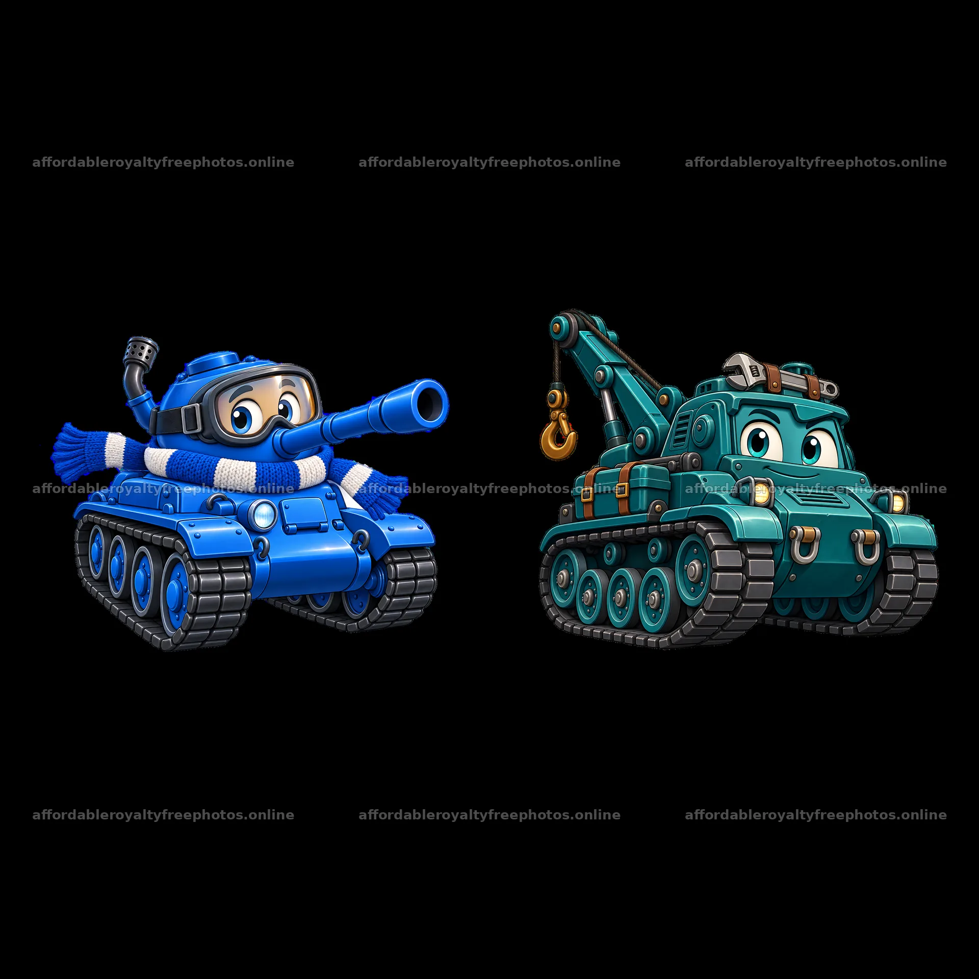 Colorful cartoon tank characters with accessories in – royalty-free photos 7746x7746