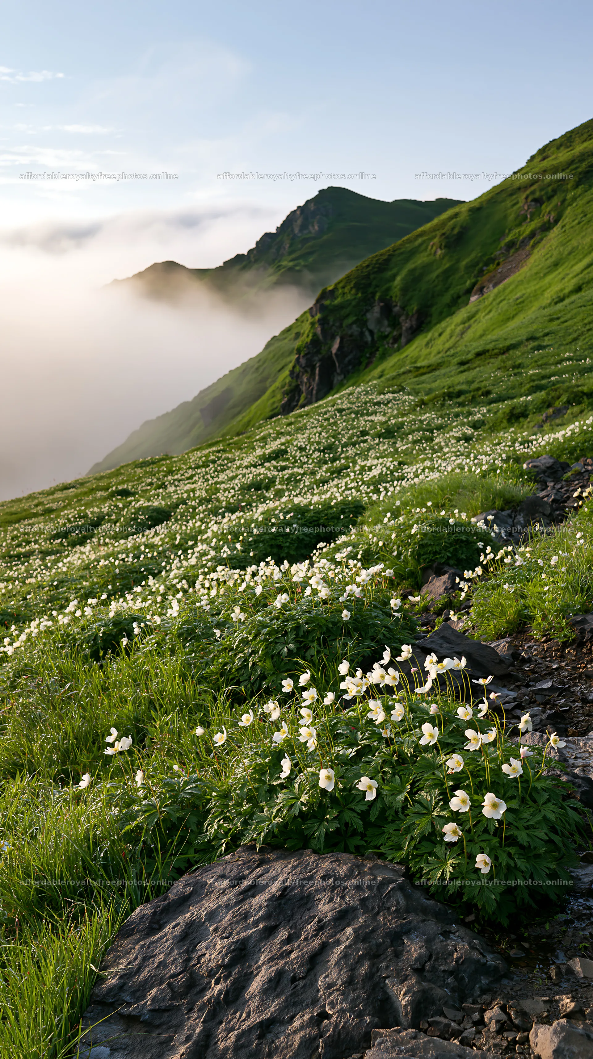 Toyama alpine meadow snowmelt rock foreground with – royalty-free photos 5938x10608
