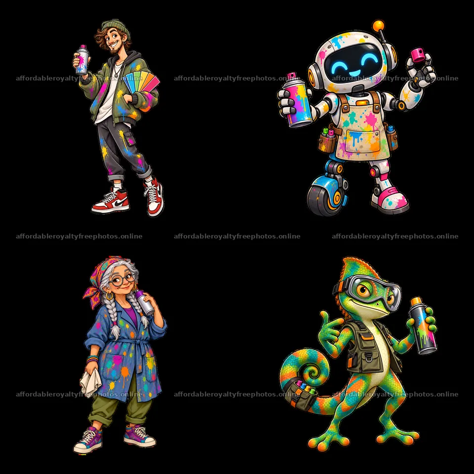 Four graffiti sprayers with colorful accessories in a – royalty-free photos 7746x7746