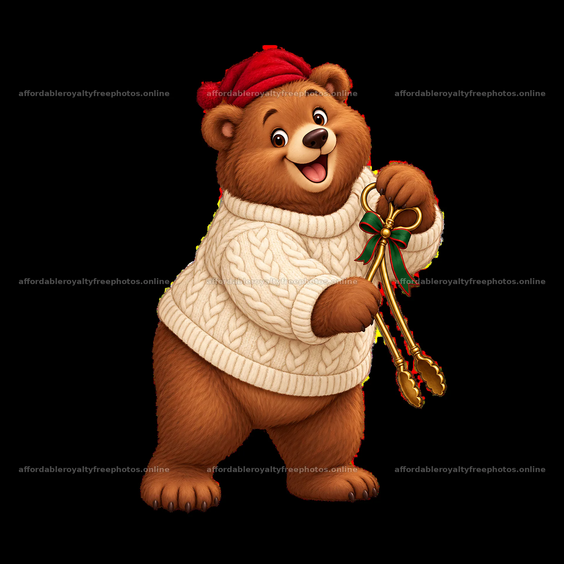 Cute bear in a sweater holding tongs ready for Christmas – royalty-free photos 7746x7746