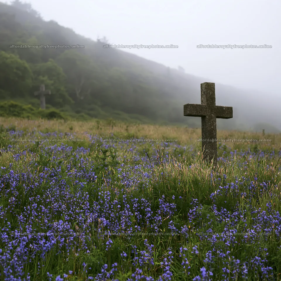 Christian cross in meadow with flowers and mist – royalty-free photos 7938x7938