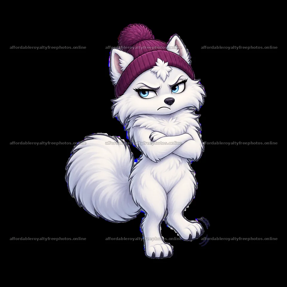 Grumpy wolf character wearing a red hat with fluffy ears – royalty-free photos 7746x7746