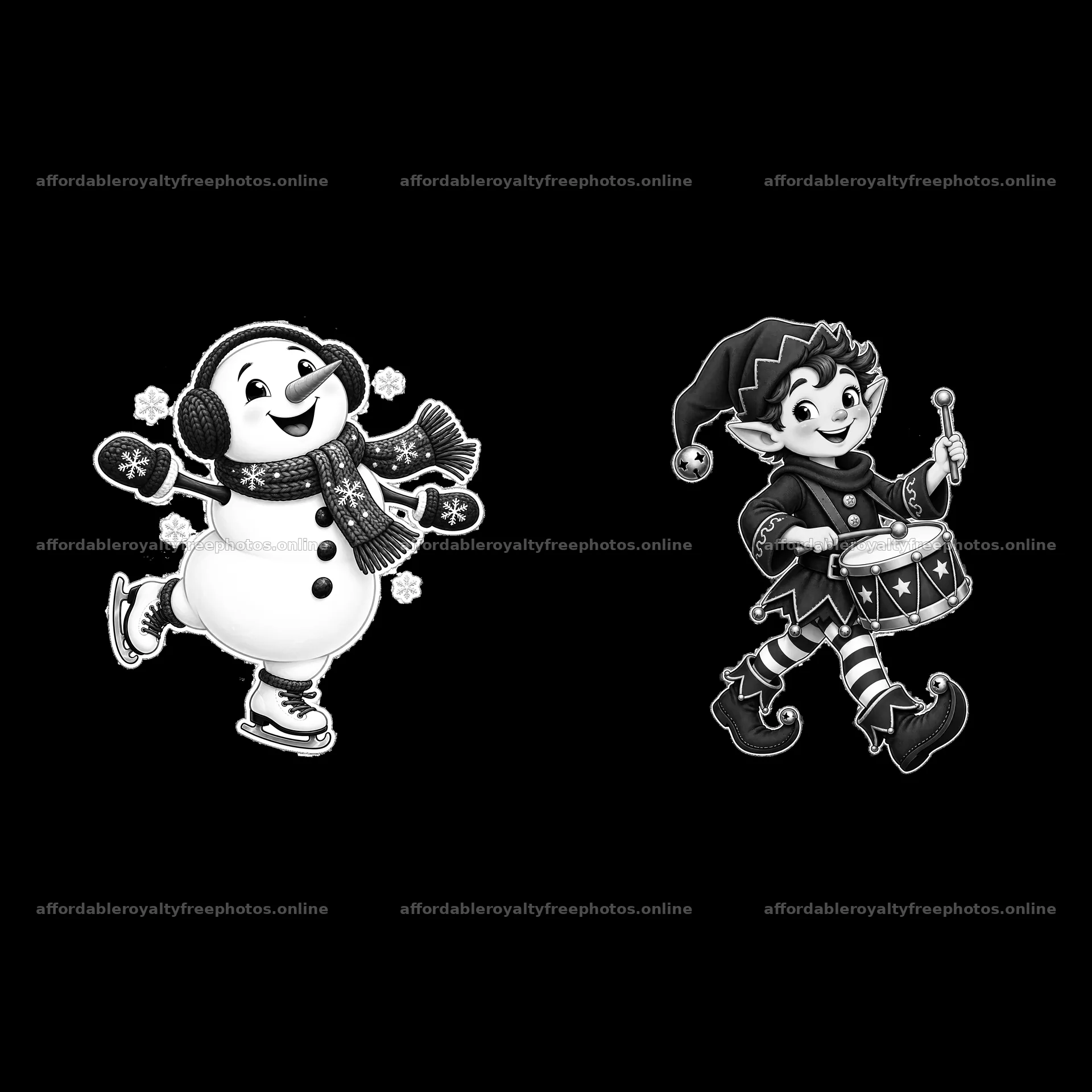 Snowman skating with elf playing drum during Christmas season – royalty-free photos 7746x7746