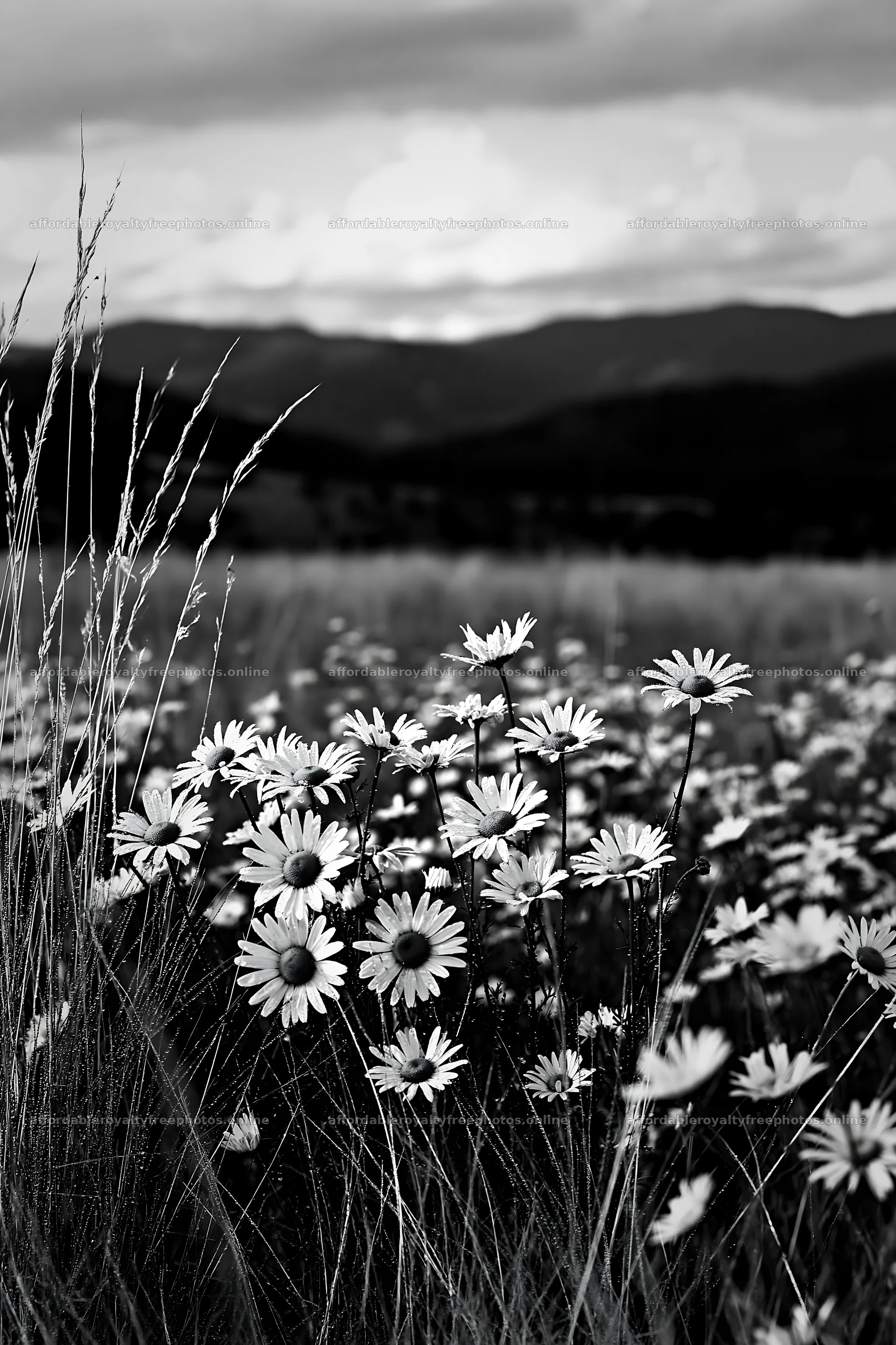 Chamomile meadow with flowers and grass in black and – royalty-free photos 6480x9722