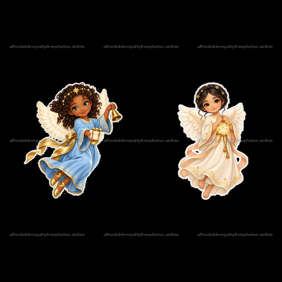 Christmas angels holding gifts and bells in festive – royalty-free photos 7746x7746