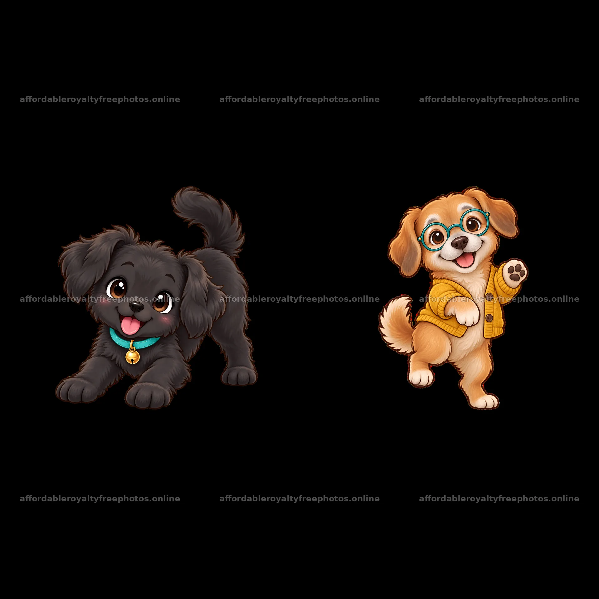 Cute cartoon dogs playing together in a fun setting – royalty-free photos 7746x7746