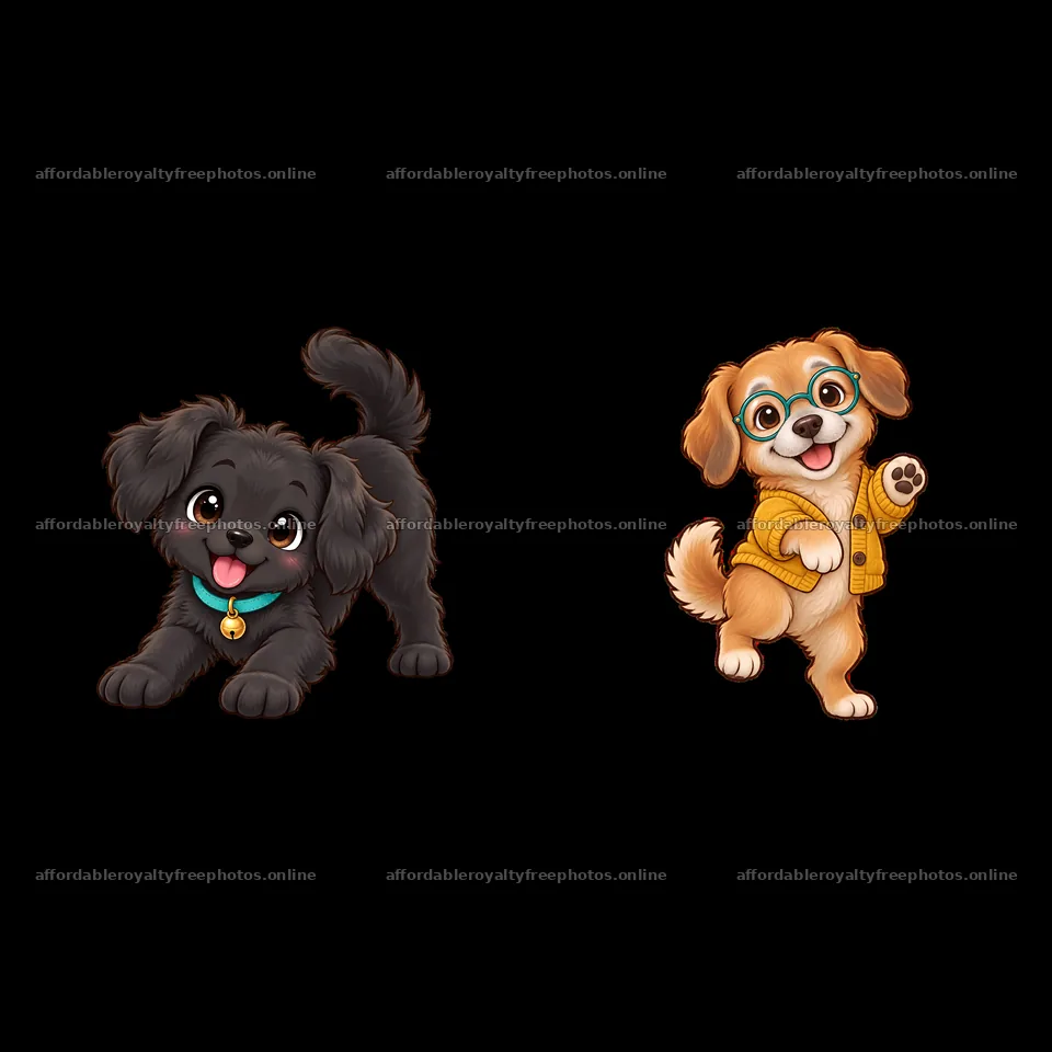 Cute cartoon dogs playing together in a fun setting – royalty-free photos 7746x7746