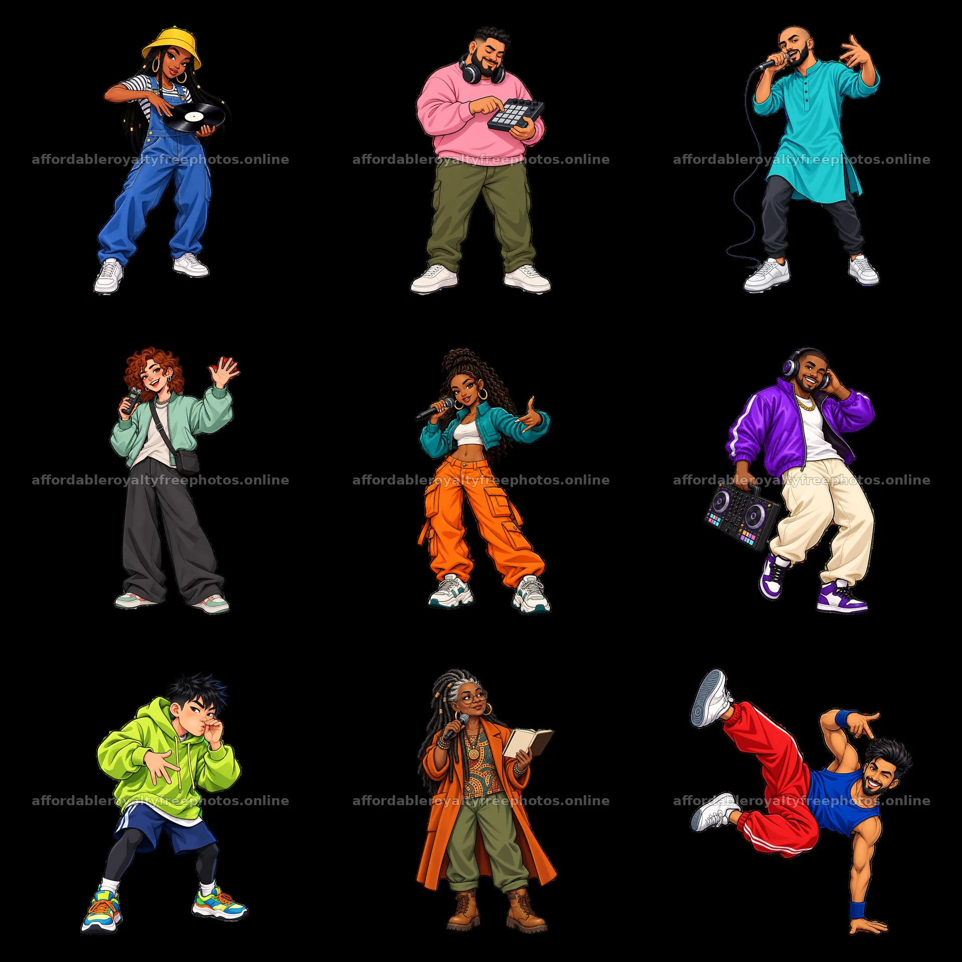 A group of cartoon hip-hop artists are shown in a 3x3 – royalty-free photos 7746x7746