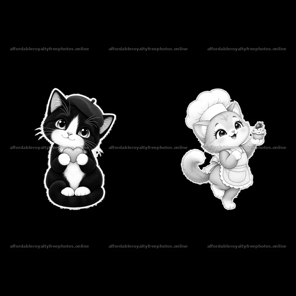 Kawaii cats in black and white holding hands and a – royalty-free photos 7746x7746