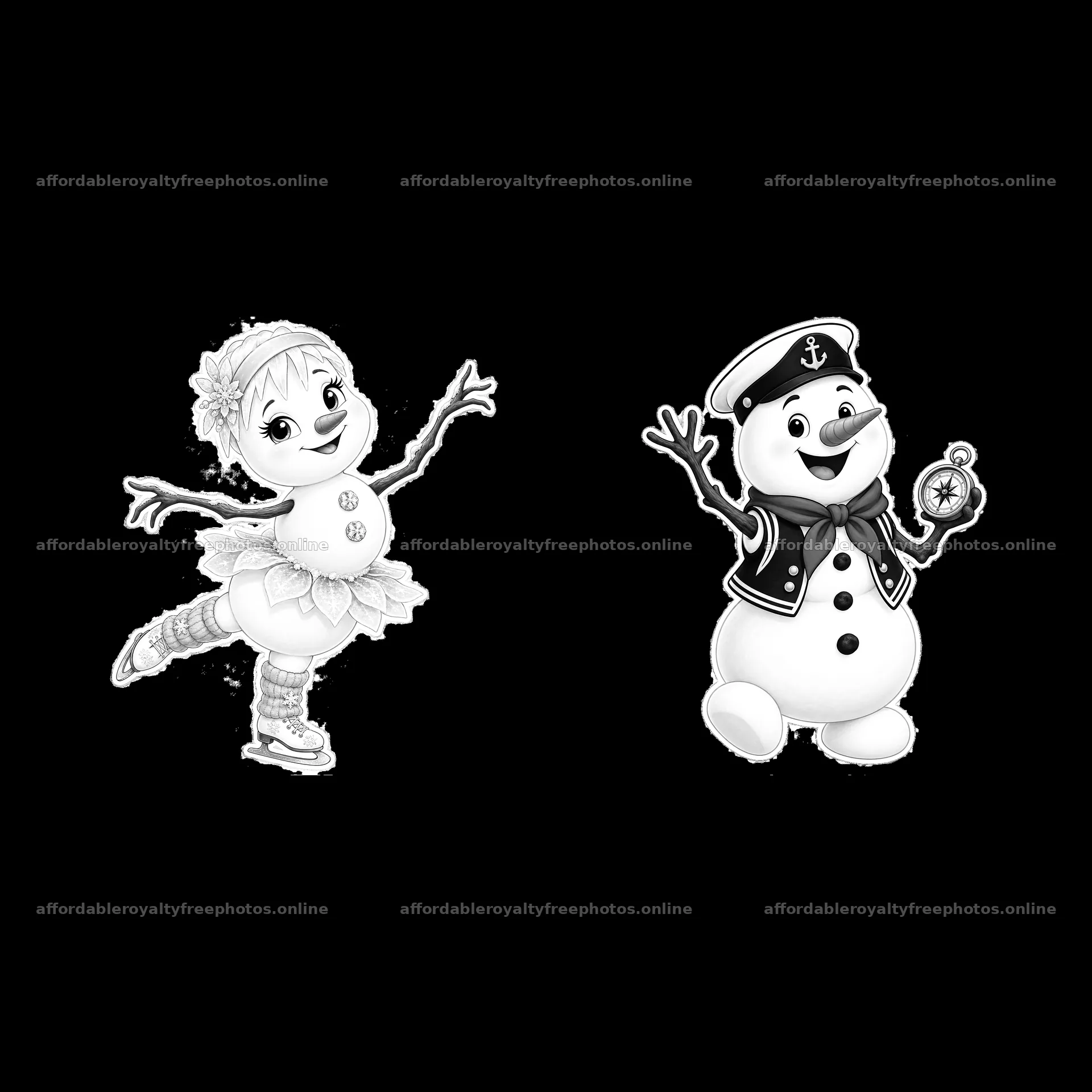 Snowman and ice skater in monochrome cartoon style – royalty-free photos 7746x7746