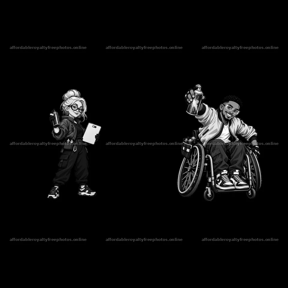 Cartoon graffiti artist and sprayer on wheelchair in – royalty-free photos 7746x7746
