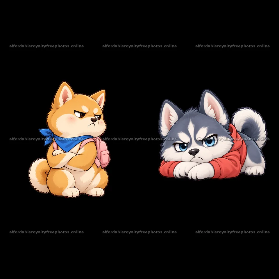 Kawaii grumpy dog duo with backpack and hoodie – royalty-free photos 7746x7746