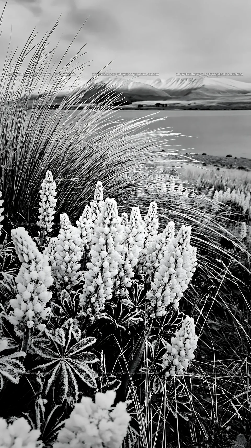 Lake Tekapo meadow snowy alps show white flowers and – royalty-free photos 5938x10608